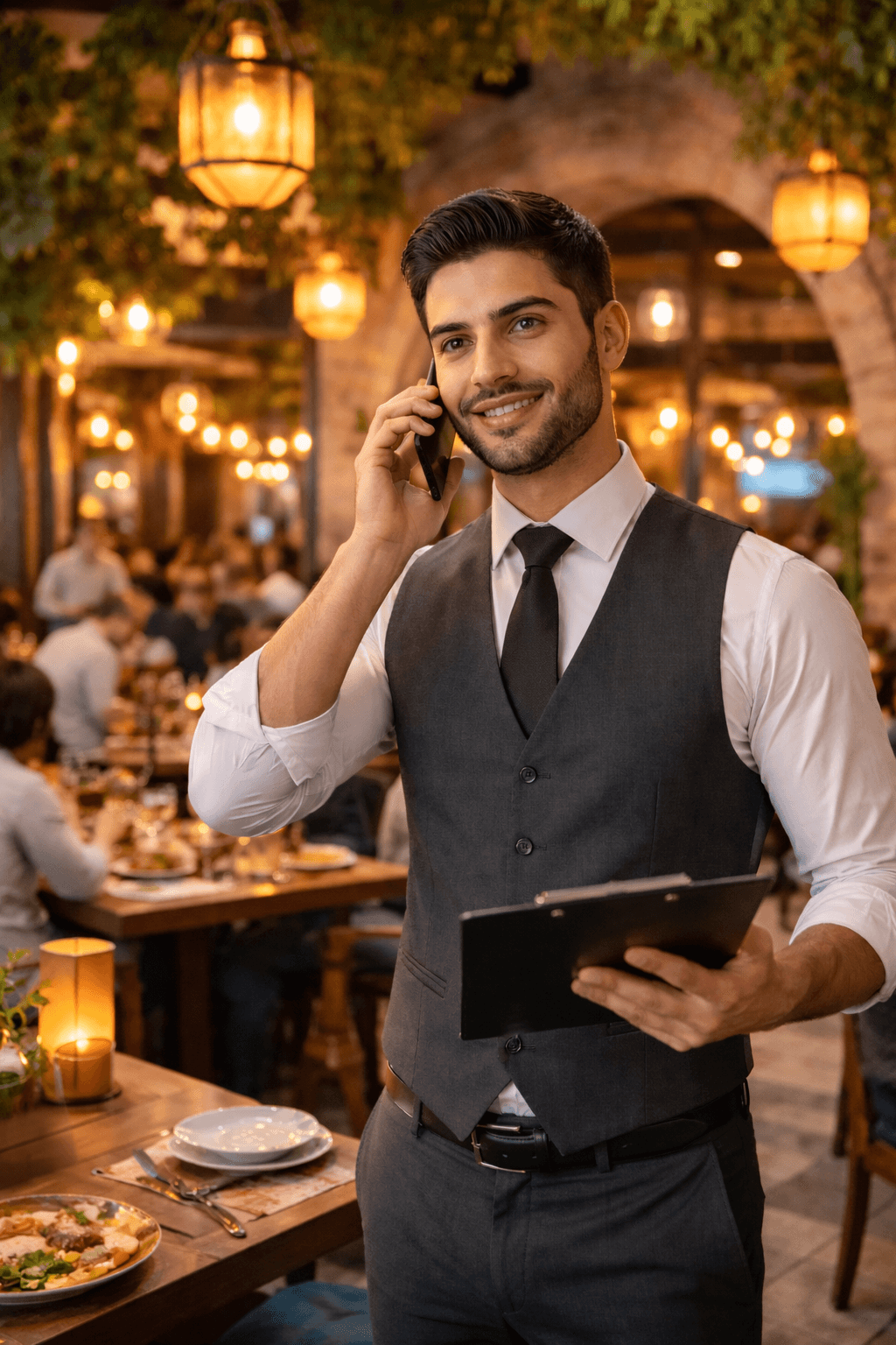 Restaurant host taking a phone call in a busy restaurant